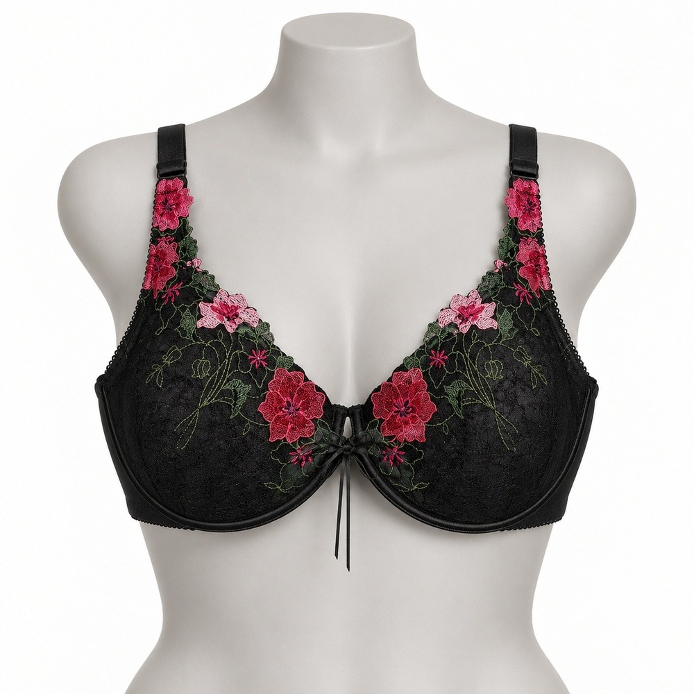 Cacique Black Floral Embroidered Plunge Underwire Bra 42C Pink Red Flower